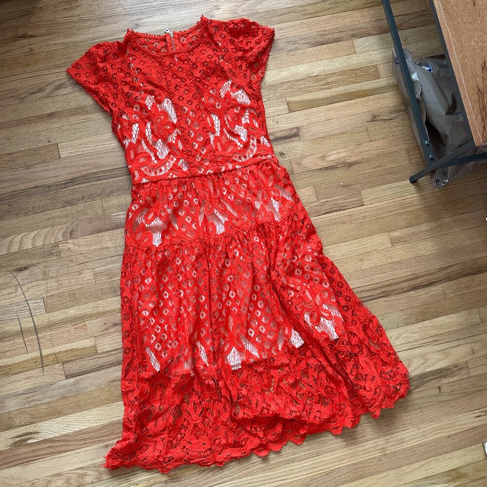 Vintage Red Lace Midi Dress with Nude Slip and Cap Sleeves